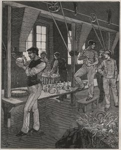Kristalgraveerderswerkplaats in Frankrijk in de 19e eeuw. Gravure uit 1885 in 