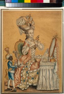 Dame aan haar toilettafel met een zwarte jongen die haar bedient - Anoniem, Aquarel op papier circa 1770 - Staats Tretyakov Galerij, Moskou door Anonymous Anonymous