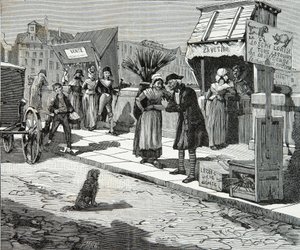 Hondentrimmers op de Pont Neuf in Parijs rond 1796, Gravure, Privécollectie