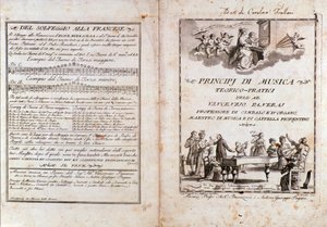 Dubbele pagina uit een handboek van muziektheorie door Vincenzo Panerai