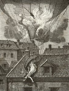 Dramatische dood van Madame Sophie Blanchard (1778-1819), luchtvaartster op 6 juli 1819 boven de tuinen van Tivoli in Parijs, Gravure, Privécollectie door Anonymous Anonymous