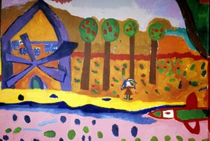 Tekening van kinderen van de Croix Rousse school die een molen en bomen afbeelden. Saint Brieuc, Saint-Brieuc.