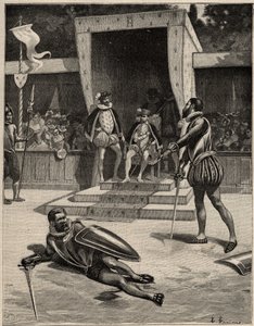 Duel tussen Francois de Vivonne de la Chataigneraie en Guy de Chabot, Baron de Jarnac in Saint Germain en Laye, Frankrijk 10 juli