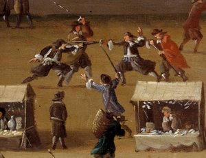 Duel scène op de Pont Neuf in Parijs in de 17e eeuw (detail)