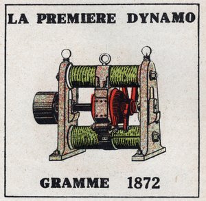 Dynamo: de eerste dynamo uitgevonden door Zenobe Theophile Gram (1826-1901) in 1872. Anonieme illustratie uit 1925. Privécollectie. door Anonymous Anonymous