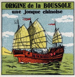 Aardmagnetisme: oude Chinese jonk met het eerste kompas. Anonieme illustratie uit 1925. Privécollectie.
