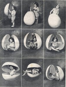 Paaseieren: een klein meisje in een ei. Gravure in Le Petite Parisien. door Anonymous Anonymous