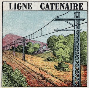 Elektrische spoorwegen: Catennial lijn. Anonieme illustratie uit 1925. Privécollectie. door Anonymous Anonymous