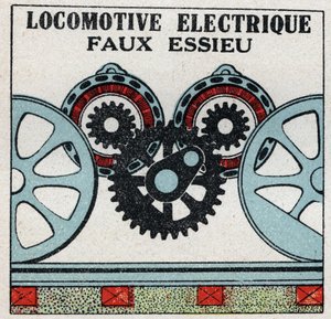 Elektrische spoorwegen: valse as van een elektrische locomotief. Anonieme illustratie uit 1925. Privécollectie.