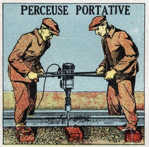 Elektrische gereedschappen: draagbare boor. Anonieme illustratie uit 1925. Privécollectie.