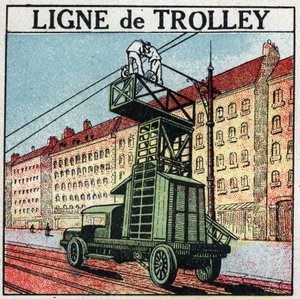 Elektrische trams: een trolleylijn. Anonieme illustratie uit 1925. Privécollectie.