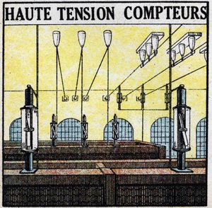 Elektrische lijnen: hoogspanningsmeters. Anonieme illustratie uit 1925. Privécollectie. door Anonymous Anonymous