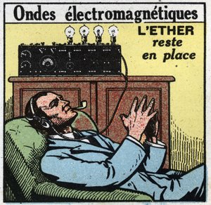 Elektrische verschijnselen: als de ether op zijn plaats blijft, geeft de trillingsbeweging de elektromagnetische golven die in de T.S.F. worden gebruikt. Anonieme illustratie uit 1925. Privécollectie.