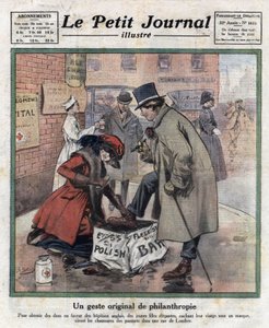 Elegante jonge meisjes, hun gezicht verborgen achter een masker, poetsen de schoenen van Londense voorbijgangers om geld in te zamelen voor Engelse ziekenhuizen. Illustratie uit 