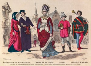 Bourgeois en bourgeoise, dame van het hof, knecht, sergeant-at-arms in Parijs in de 13e eeuw door Anonymous Anonymous
