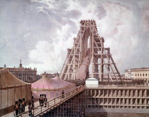 Oprichting van de zuil van Alexander I op het Paleisplein (Sint-Petersburg). Schilderij van de Russische school door Anonymous Anonymous