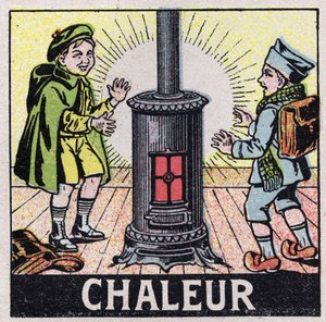 Ether (materiaal): twee kinderen verwarmd door de warmte van een kachel. Anonieme illustratie uit 1925. Privécollectie