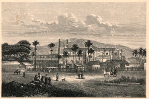 Buitenaanzicht van de kathedraal van Port of Spain (Port of Spain) in Trinidad (Trinidad en Tobago, Trinidad en Tobago). Gravure in “Les Missions Catholiques au XIXème Siècle” door Louis-Eugène Louvet. Privécollectie door Anonymous Anonymous