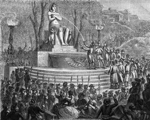 Feest van de nieuwe grondwet (29 thermidor jaar I of 10 augustus 1793) - De Fontein van de Regeneratie op de puinhopen van de Bastille (10 augustus 1793) - Gravure in 