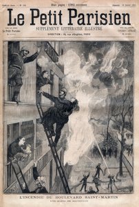Brandweerman van Parijs: reddingsscène tijdens de brand van Boulevard Saint-Martin. Gravure in “Le petit Parisien” uit 1891. Privécollectie