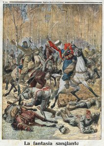 Eerste Wereldoorlog 1914-1918: "De Bloederige Fantasie". In het bos vecht een troep van dertig uhlanen (Duitse ruiters met een speer) tegen acht Algerijnse spahis. Gravure in "Le Petit Journal", op 28/11/1915. Privécollectie.
