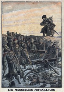Eerste Wereldoorlog 1914-1918 (Oorlog 14-18). Duitse soldaten gebruiken mannequins die ze in loopgraven hebben met machinegeweren om de Russische vijand te misleiden. In 