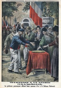 Eerste Wereldoorlog 1914-1918 (Oorlog 14-18). Op het feest van Saintes Maries de la Mer (Saintes-Maries-de-la-Mer) boden de zeelieden de natie de gouden ringen aan om hulp aan de nationale verdediging te financieren. In 