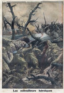 Eerste Wereldoorlog 1914-1918. Franse mitrailleurs schieten op aanvallende Duitse militairen. In 