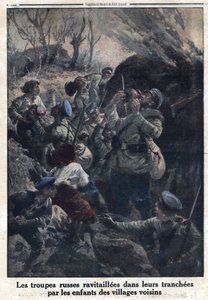Eerste Wereldoorlog 1914-1918 (Oorlog 14-18). Russische militaire troepen bevoorraad in hun loopgraven door kinderen uit naburige dorpen. In 
