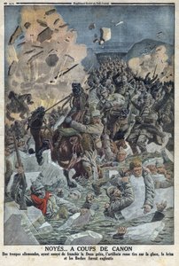 Eerste Wereldoorlog 1914-1918 (Oorlog 14-18). Het Duitse leger probeert de rivier de Duna over te steken, maar de Russische artillerie schiet op het ijs met een kanon en verdrinkt het Duitse leger (bijnaam Boche in de tekst) In 