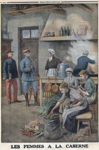 Eerste Wereldoorlog 1914-1918. Vrouwen bereiden voedsel in de kazernekeukens. Drie koks in de aardappelcorvee, schillen de aardappelen. In 