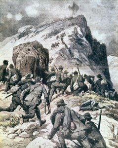 Eerste Wereldoorlog: Italiaanse alpini klimmen naar de top van de Cauriol, Italiaanse Alpen 1916. Illustratie uit 