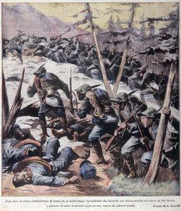 Eerste Wereldoorlog: Italiaanse alpine jagers (alpino of alpini) heroveren de Pal Piccolo, Italiaanse Alpen 1916 Illustratie uit La domenica del corriere door Anonymous Anonymous