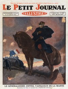 Eerste Wereldoorlog: portret van Generaal Joseph Joffre (1852-1931) te paard, afgebeeld als overwinnaar op het slagveld van La Marne (september 1914) Illustratie naar een schilderij van Constantine Font. Gravure uit "Le petit journal illustré" van 1931. door Anonymous Anonymous