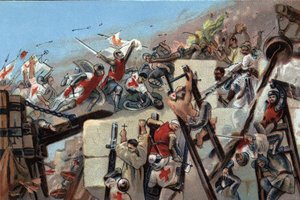 Eerste kruistocht (1096-1099): de inname van Jeruzalem door de kruisvaarders onder leiding van Godfried van Bouillon op 15 juli 1099. Reclamechromolithografie van Antoine-chocolade in Brussel, begin 20e eeuw. Privécollectie door Anonymous Anonymous