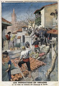 Overstromingen in Spanje: Koning Alfonso XIII (1886-1941) bezoekt de sinistere buitenwijken van Sevilla. Gravure in Le Petite Journal, op 25/02/1912. Privécollectie.