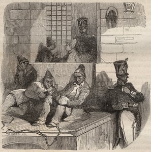 Forcat rustend in de bagne van Rochefort in de 19e eeuw. Gravure in “Histoire des bagnes depuis leur création à nos jours” (1877) door Anonymous Anonymous