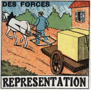 Krachten: een paard trekt een wagen. Anonieme illustratie uit 1925. Privécollectie.