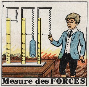 Krachten: gebruik van veren genaamd dynamometers om krachten te meten. Anonieme illustratie uit 1925. Privécollectie.