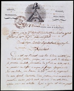 Franse Revolutie: eerste pagina en kop van een militaire administratieve brief 4 mistjaar III (25/10/1794) gedateerd 18 Frimaire jaar III (08/12/1794) met de republikeinse inscriptie 