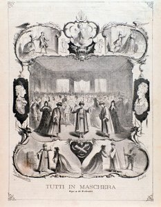 Frontispice van muzikale partituur van Tutti in maschera, opera van Carlo Pedrotti