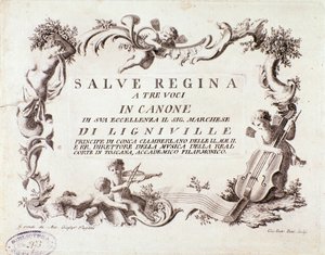Frontispice van een muziekpartituur van Salve regina hymne voor drie stemmen door markies van Ligneville (1768)