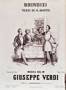 Frontispice van de partituur van Brindisi door Giuseppe Verdi naar de poëzie van Andrea Maffei