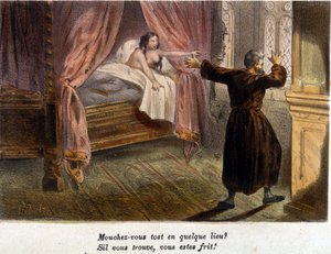 Galante scène: Monnik, in gezelschap van een naakte vrouw in bed, verrast door de komst van een persoon, probeert zich te verbergen. Kleuren gravure uit de 19e eeuw.
