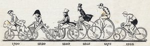 Geschiedenis van de fiets: verschillende modellen van fietsen van 1700 tot 1928. Gravure in 