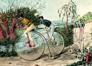 Geschiedenis van de fiets: race van grand bi (grand bi). Gravure uit de 20e eeuw. Privécollectie