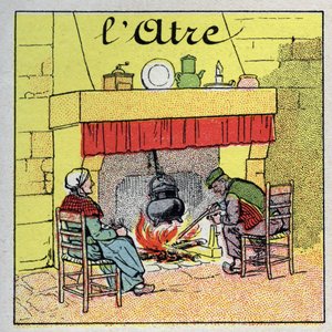 Verwarming thuis: de open haard. Anonieme illustratie uit 1925. Privécollectie.