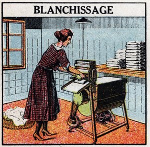 Huishoudelijk gebruik van elektriciteit: witkalken. Anonieme illustratie uit 1925. Privécollectie.