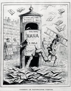 Hoe naturalisme wordt opgelegd: satirische tekening over de naturalistische roman over het boek "Nana" van Emile Zola. Gravure uit de 19e eeuw. Privécollectie.