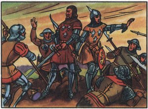 Honderdjarige Oorlog: de koning van Frankrijk Jan II de Goede (1319-1364) werd gevangengenomen door de Engelsen bij de Slag bij Poitiers op 19/09/1356. Anonieme illustratie in 